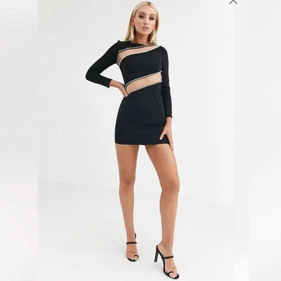 ASOS Design Black Long Sleeve Mesh and Rhinestone Bodycon dress - Picture 1 of 11